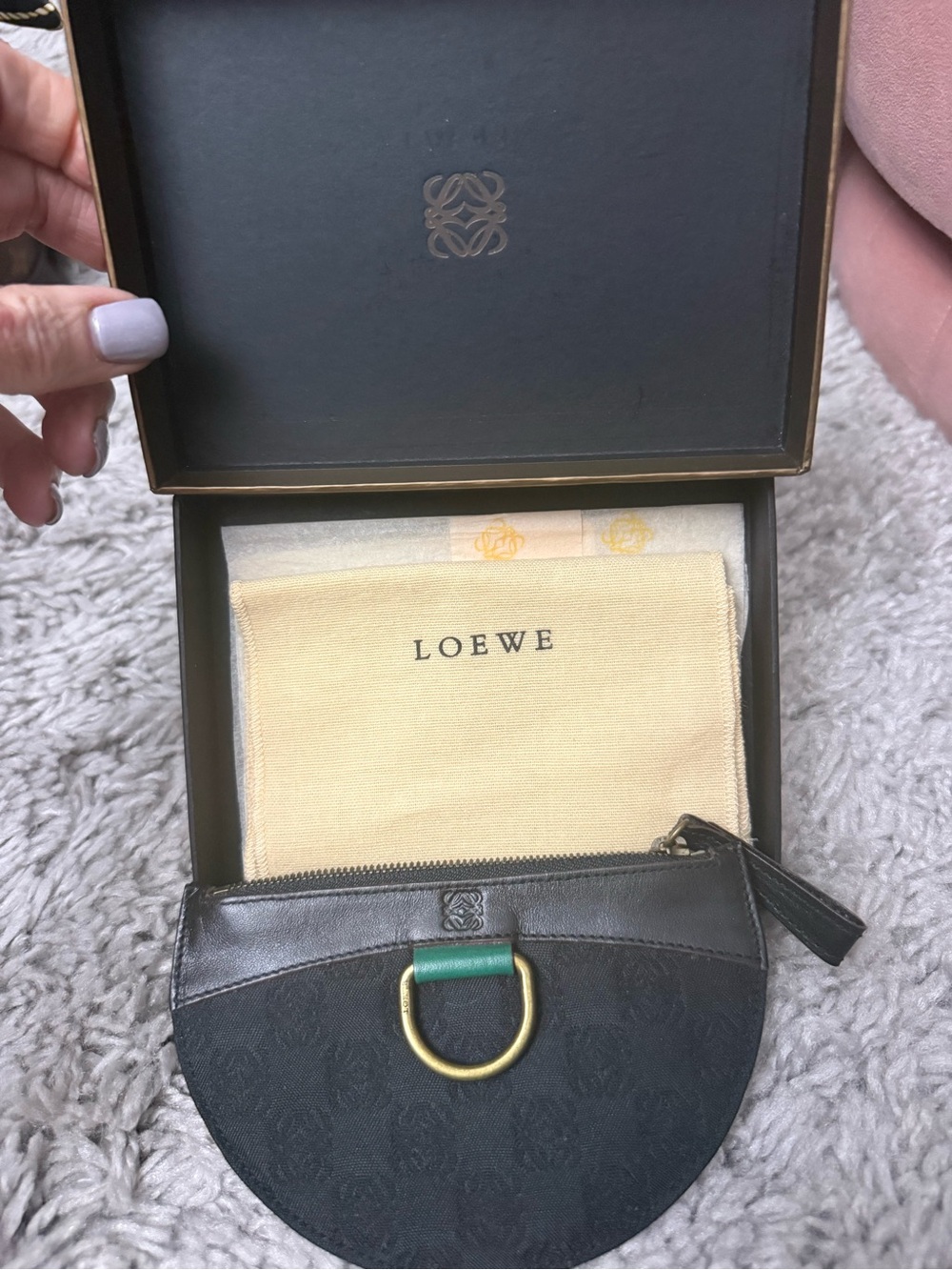 LOEWE Black Half-Moon Mini Pouch with Green D-Ring Accent - Picture 2 of 5